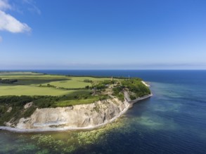 Aerial view of Cape Arkona with chalk cliffs, direction finder and lighthouse, Putgarten, Rügen