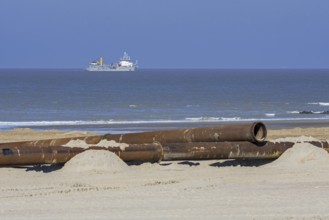 Trailing suction hopper dredger at sea and pipeline for sand replenishment, beach nourishment to