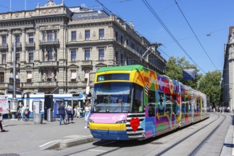 Bahnhofstrasse with Cobra tram public transport at Paradeplatz in Zurich, Switzerland, Europe