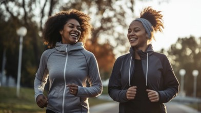 Happy Mixed-race female friends enjoying a healthy run in the park together. generative AI