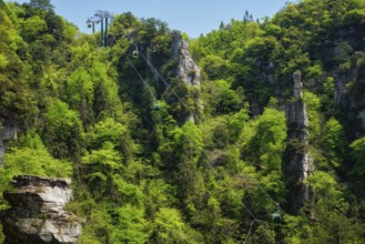 Famous tourist attraction of China, Zhangjiajie stone pillars cliff mountains with cable railway