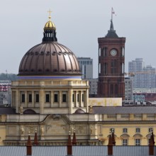 Humboldt Forum and Rotes Rathaus above the rooftops of the city, Berlin, Germany, Europe