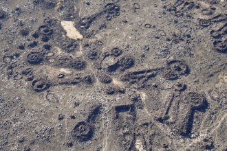 Neolithic stone ritual buildings, so-called mustatils, aerial view, near Khaybar, Medina province,