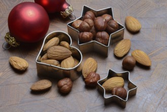 Nuts and cookie cutters, almonds and hazelnuts