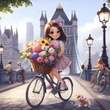 Cute anime girl on bicycle with flowers in the city of London. AI generated