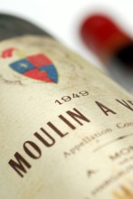 Old wine bottle, label 'Moulin a Vent' 1949, bottle label, old wine