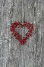 Heart-shaped rosehip wreath on wooden door