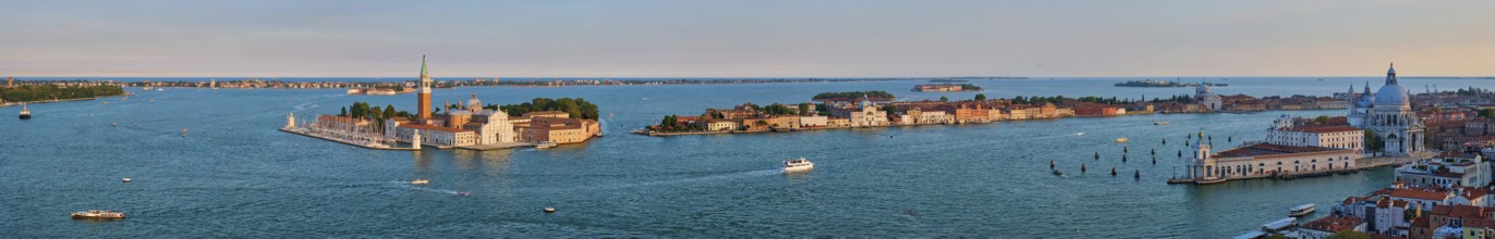 Panorama of Venice lagoon and San Giorgio di Maggiore church and Santa Maria della Salute with