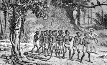 Slaves crossing a forest of the dead, slave hunters in the Congo in 1868, Historic, digitally