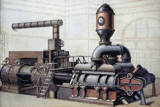 Waterworks pump from 1880, Historic, Reproduction of an original from the 19th century, digitally