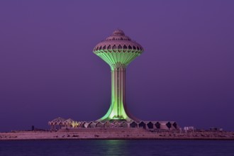 Illuminated water tower on the Corniche, blue hour, blue hour, Al Khobar, Ash Sharqiyah province,