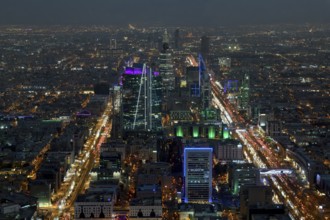 Panoramic view from the Sky Bridge, blue hour, Kingdom Center, Riyadh, Saudi Arabia, Asia