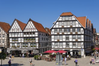 Im wilden Mann restaurant, half-timbered houses on the market square, old town, Soest, North