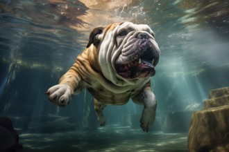 British bulldog diving in a river, AI Generated