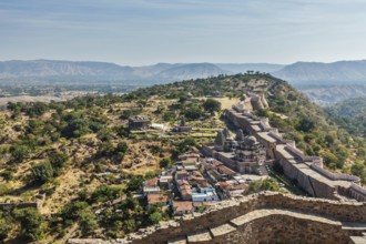 Temples and houses inside the walls of Kumbhalgarh fort. Rajasthan, India, Asia