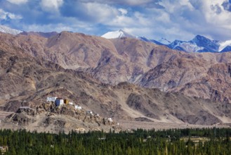 Thiksey gompa Buddhist monastery in Himalayas. View from Shey palace. Ladakh, India, Asia