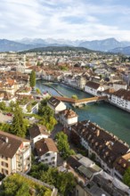 Lucerne city on the river Reuss with Spreuer bridge view from above in Lucerne, Switzerland, Europe