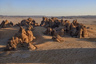 Rock landscape at Jabal Ithlib, blue hour, aerial view, Hegra or Mada'in Salih, AlUla region,