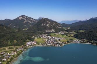 Drone shot, panorama shot, Fuschlsee, Fuschl am See, Alpine foothills, Salzkammergut, Land