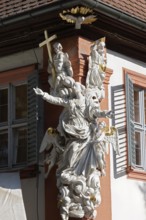 Baroque figure of the Virgin Mary at Hotel Brudermühle, Bamberg, Upper Franconia, Bavaria, Germany,