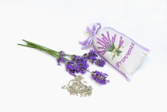 Lavender scented bags (Lavandula angustifolia) and lavender flowers, Provence, South of France,