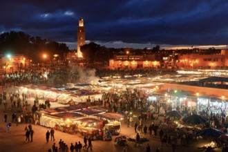 Morocco, Place Djemaa El Fna, Mosque El Mouassine, Marrakech, Africa