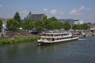 Excursion boat at the mooring, on the Meuse, Maastricht, Limburg Province, Holland