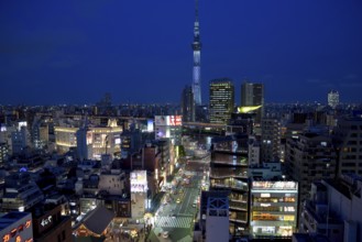 City view with the Skytree, with 634 meters the highest television tower of the earth, blue hour,