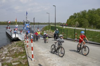 Rhine ferry Drusus between Drusenheim (France) and Greffern (Germany) at the pier in Greffern,