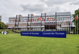 European flags in front of the Council of Europe building, Conseil d'Strasbourg, Département