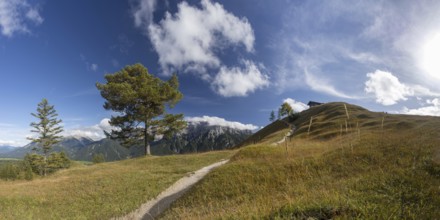 Panorama from Hoher Kranzberg, 1397m onto the cloudy Karwendel Mountains, Werdenfelser Land, Upper