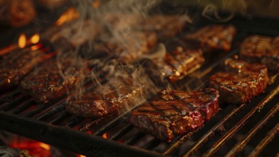 Several beef steaks sizzling on the BBQ. generative AI, AI generated