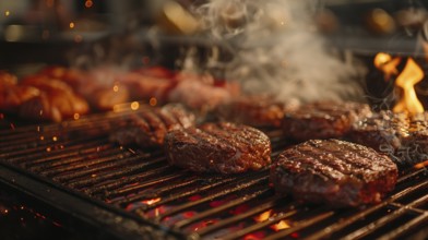 Several hamburgers sizzling on the BBQ. generative AI, AI generated