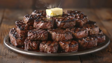 Plate with A stack of several grilled steaks with butter on top. generative AI, AI generated