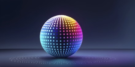 3D rendering of an abstract digital sphere composed of dots with a gradient background, AI