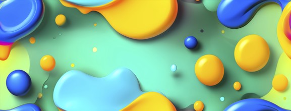 Abstract wallpaper with colorful blobs and liquid shapes on a green background, AI generated