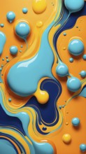 Abstract wallpaper with colorful turquoise and yellow blobs and liquid shapes on a orange