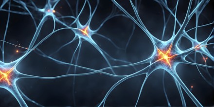 Visualization of neurons firing neurotransmitters in the synaptic gap, AI generated