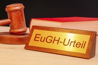 Symbolic image ECJ (European Court of Justice) : Judge's gavel next to a brass plate with the