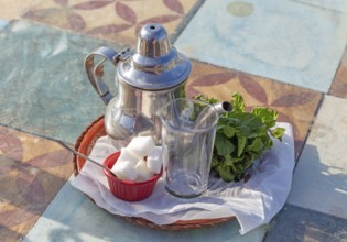 Teapot glass sugar cubes bunch of mint on tea tray for mint tea, Morocco, Africa