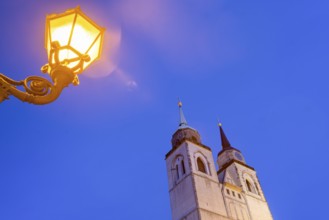 St John's Church at the blue hour, street lamp, Magdeburg, Saxony-Anhalt, Germany, Europe