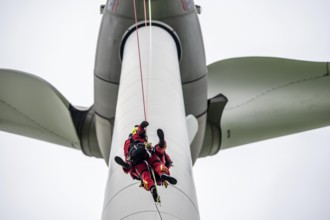 Height rescuers from the Gelsenkirchen fire brigade practise abseiling from a wind turbine from a