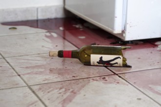 Glass bottle, broken, red wine, tiles, dirt, red, A red wine bottle has fallen on the floor. Shards