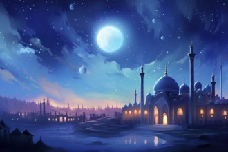 Ramadan with a mosque silhouetted against a starry night sky, illuminated by the full moon, AI