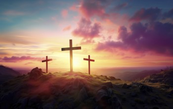 Easter concept three crosses on Golgotha Calvary hill against a dramatic sunset, AI generated