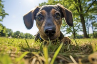 Young dachshund puppy lying in a sunlit field, surrounded by nature, AI generated