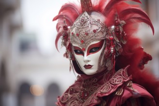 A person adorned in a richly detailed and colorful carnival costume, complete with an elaborate