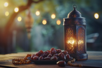 Ramadan lantern with a plate of succulent figs, set on an ornate table with intricate designs,