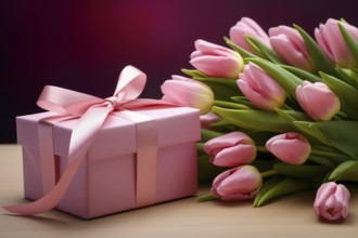 Gift Box with Pink Ribbon Beside bouquet of Fresh Tulips on Bokeh Background. Good for Valentine