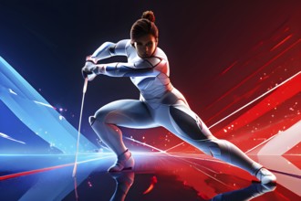 Abstract digital render a fencer morphing into fluid shapes, AI generated, Paris, Paris, Olympic